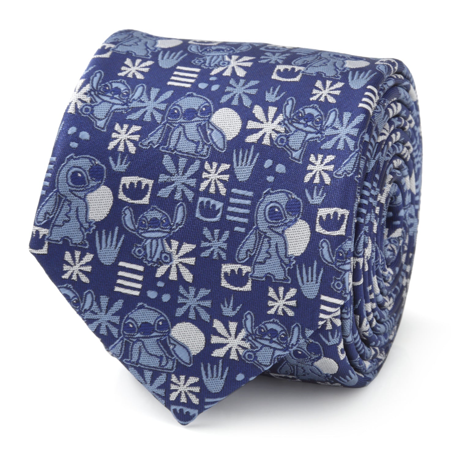A rolled blue men's necktie featuring a repeating pattern of Disney's Stitch and tropical Hawaiian motifs.
