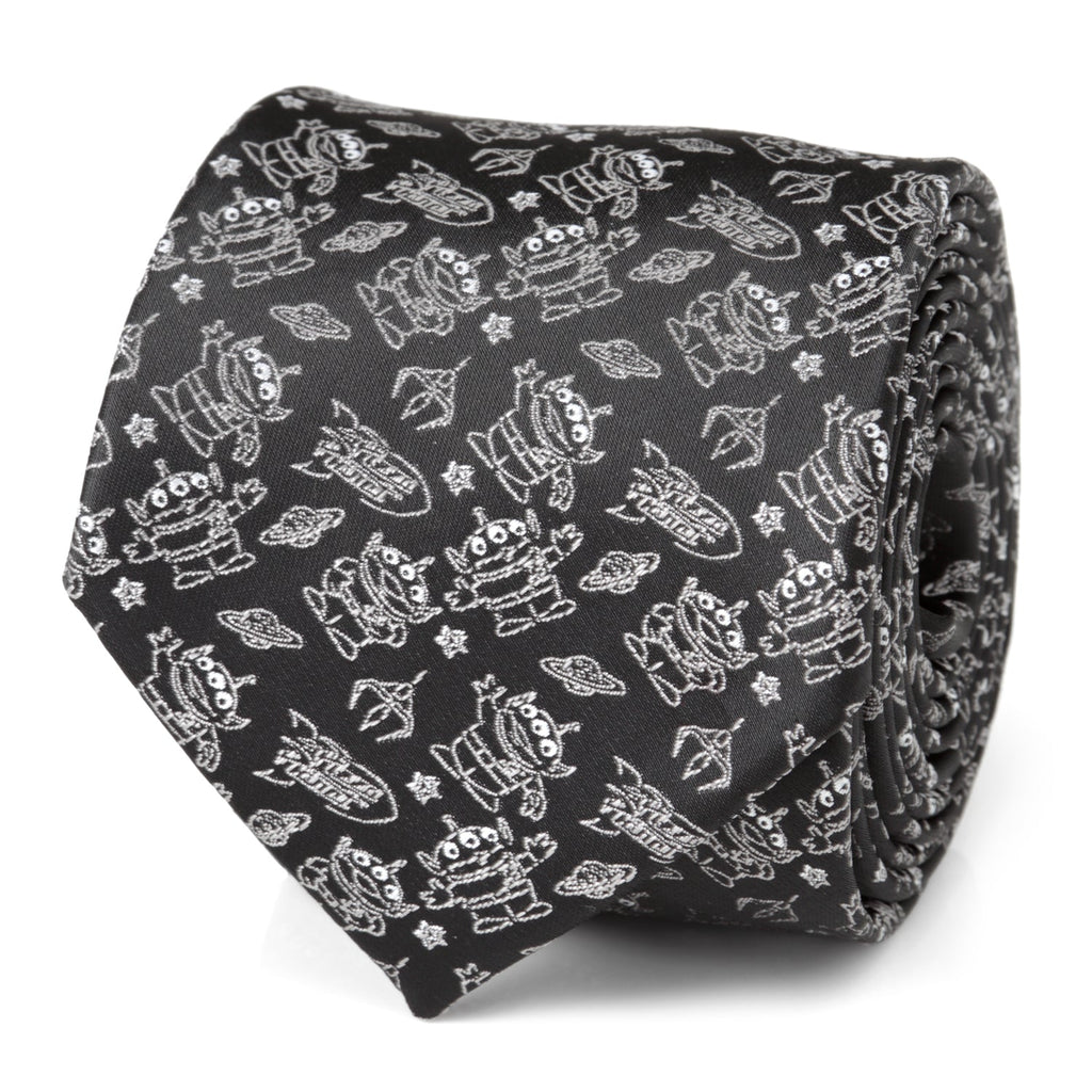 Close up view of black Toy Story alien print necktie with silver details