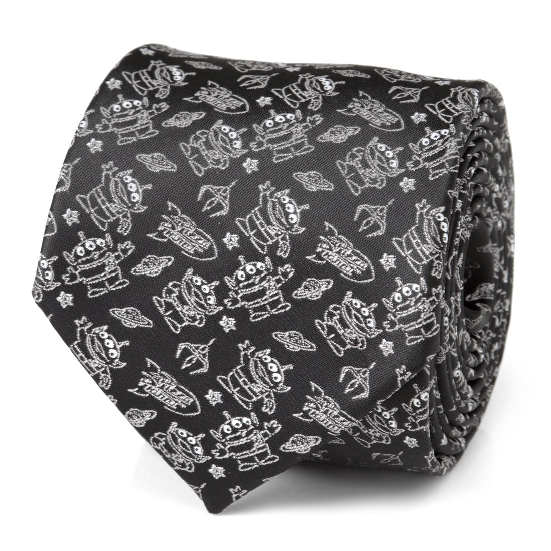 Close up view of black Toy Story alien print necktie with silver details