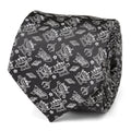 Close up view of black Toy Story alien print necktie with silver details