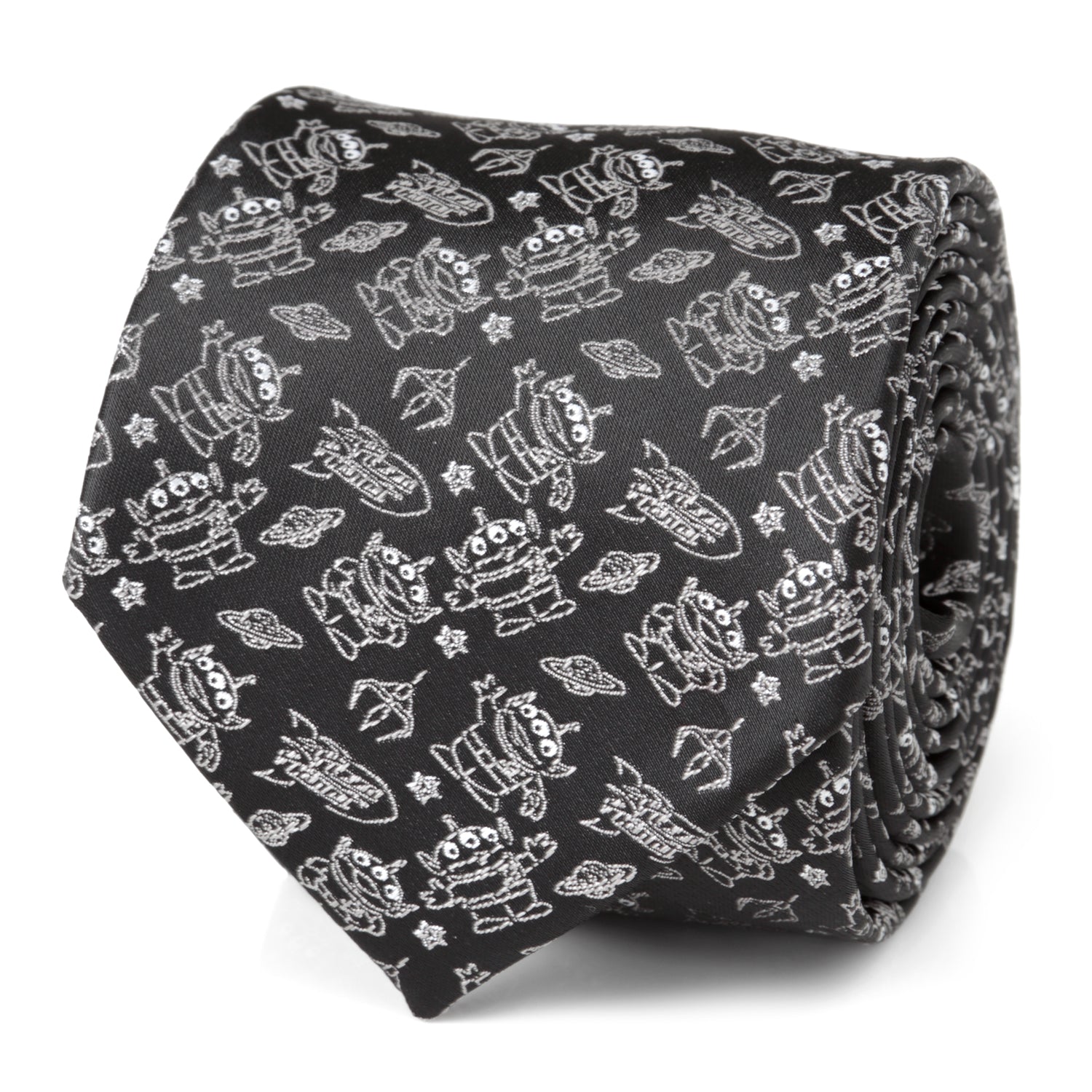 Close up view of black Toy Story alien print necktie with silver details