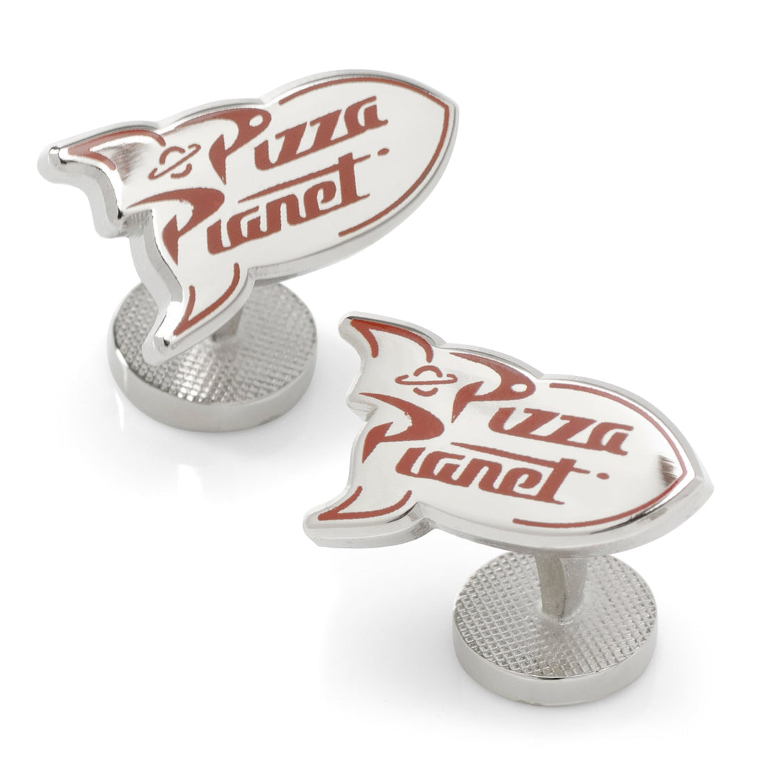 A pair of silver-tone Toy Story Pizza Planet rocket cufflinks with an alien emblem on the round backing.