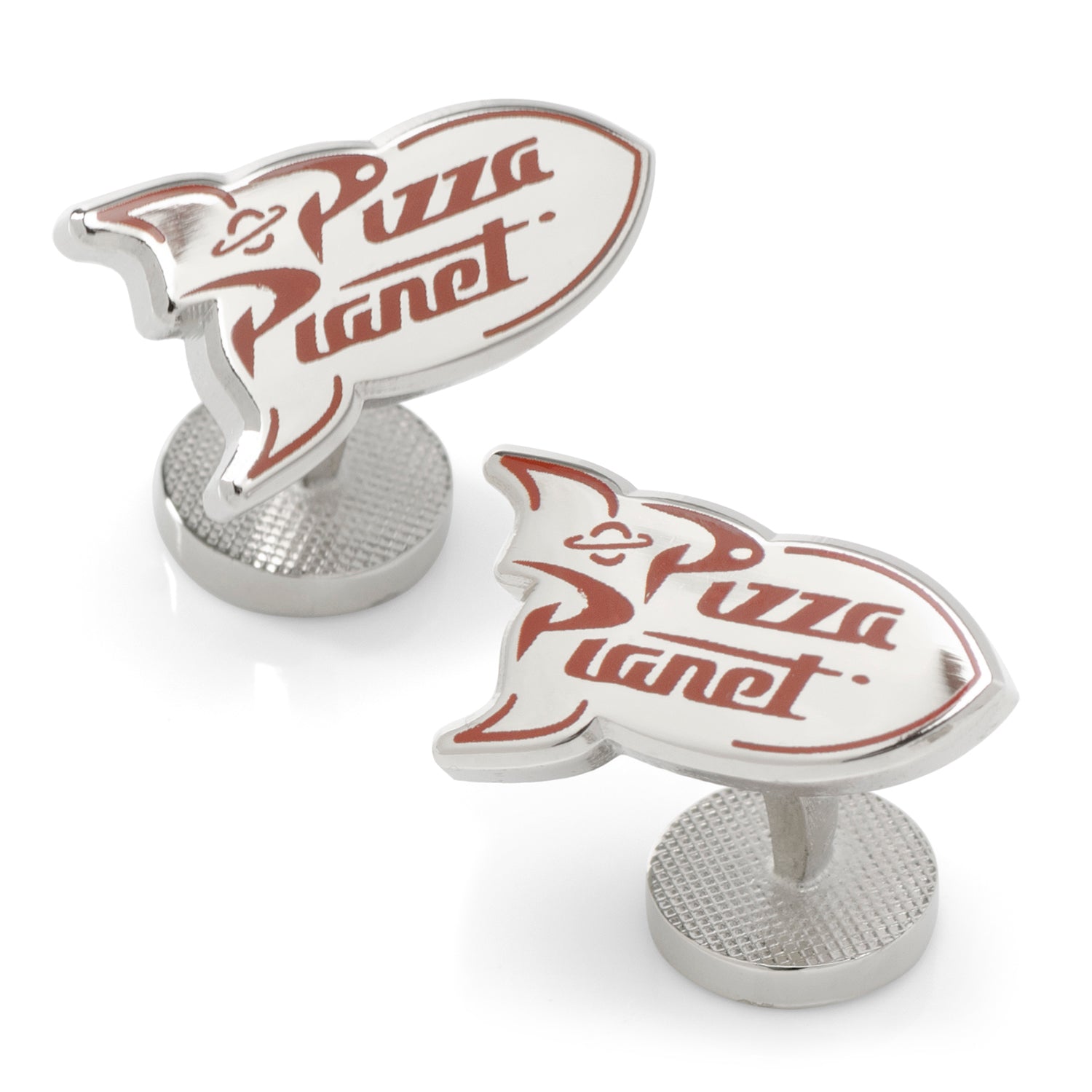 A pair of silver-tone Toy Story Pizza Planet rocket cufflinks with an alien emblem on the round backing.