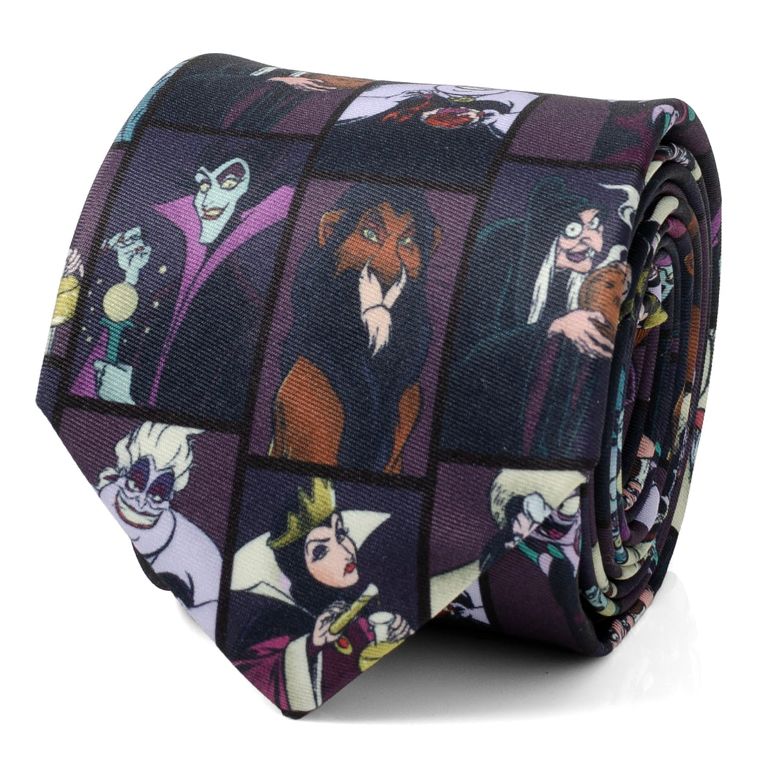 Men's necktie featuring a repeating geometric pattern of Disney villains including Ursula, Scar, and Maleficent on a black background.