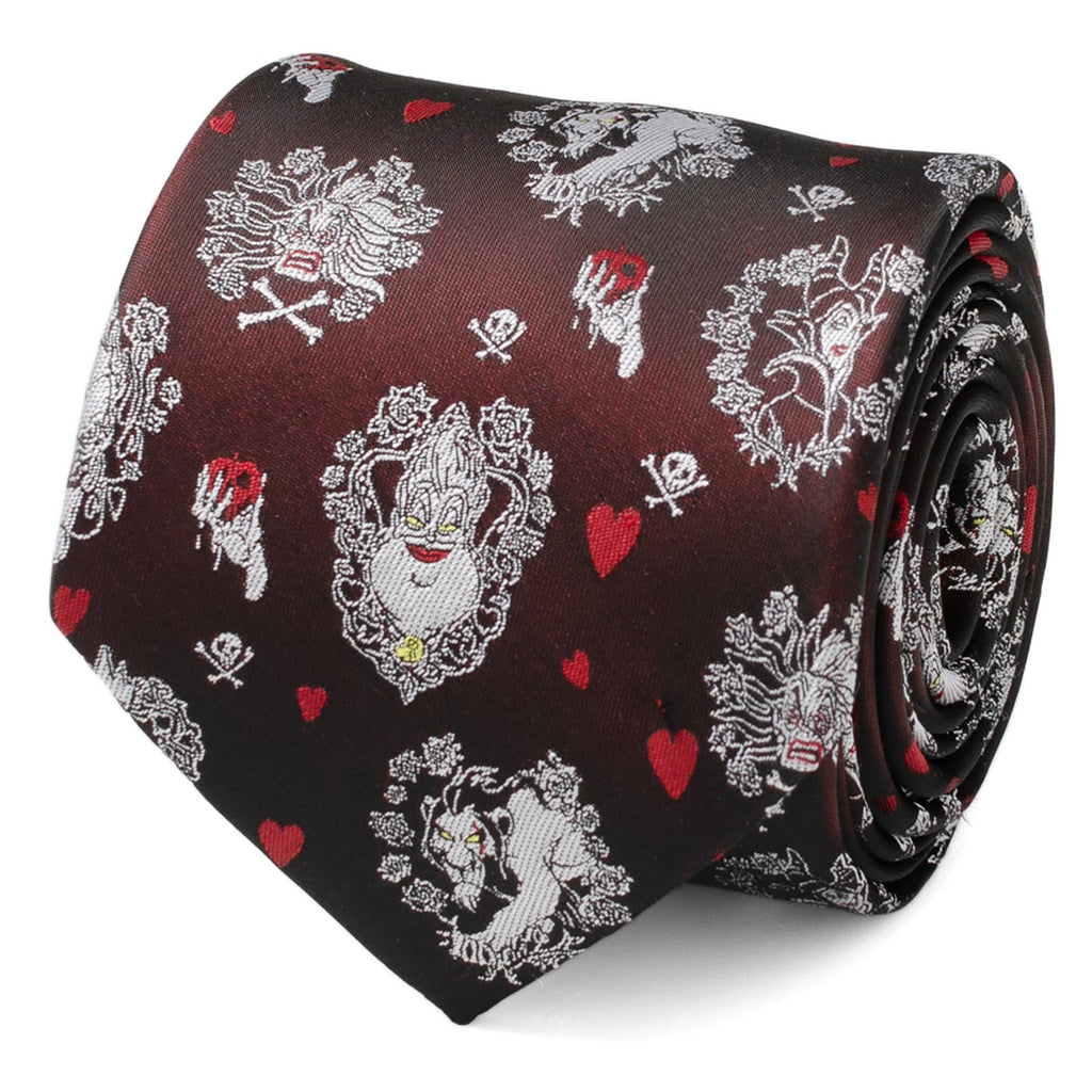 Close up view of the Disney Villains black silk blend necktie showing character illustrations and Happily Never After text on the back.