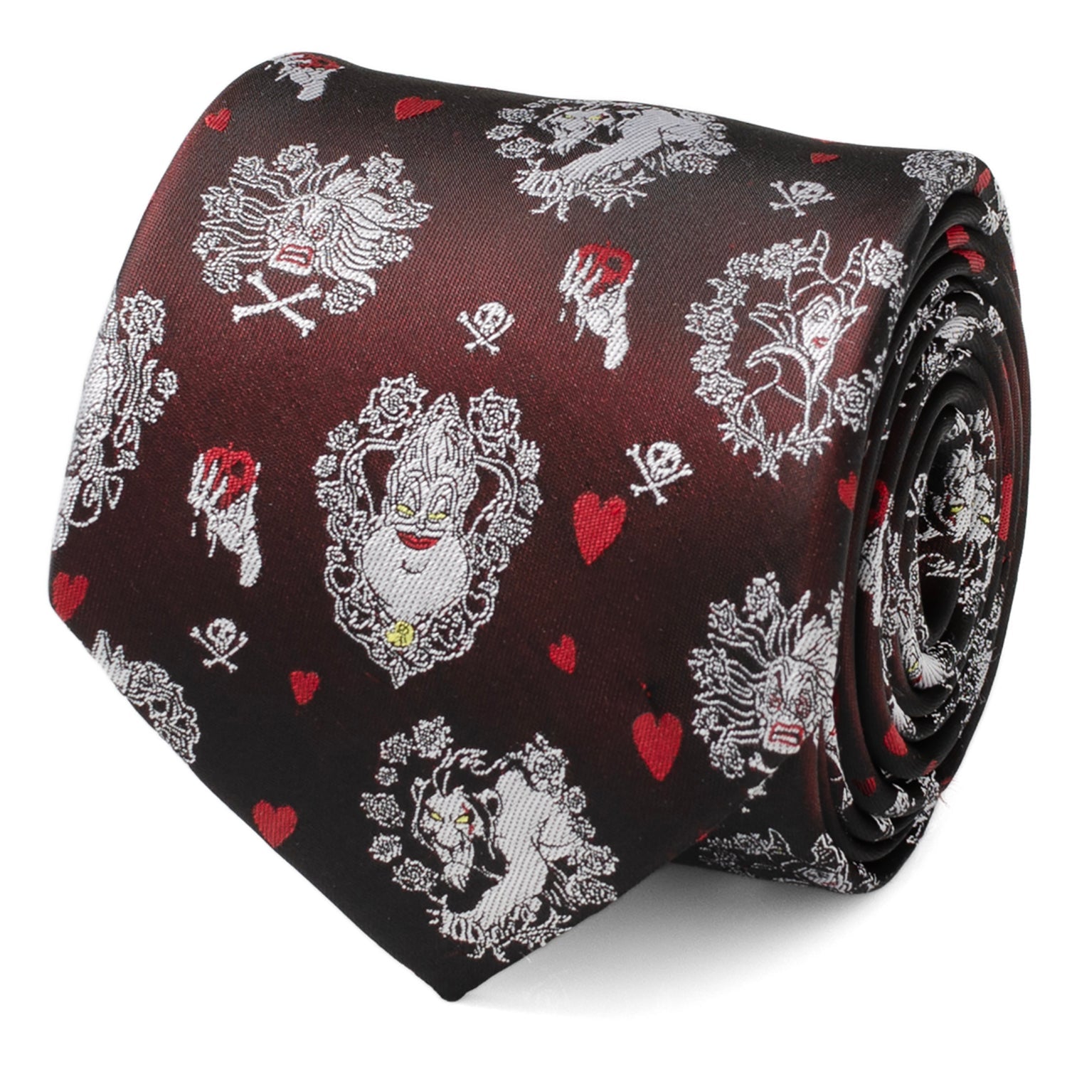 Close up view of the Disney Villains black silk blend necktie showing character illustrations and Happily Never After text on the back.