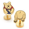 Winnie the Pooh themed cufflinks showing front character design and rear stamped hunny pot on gold tone finish
