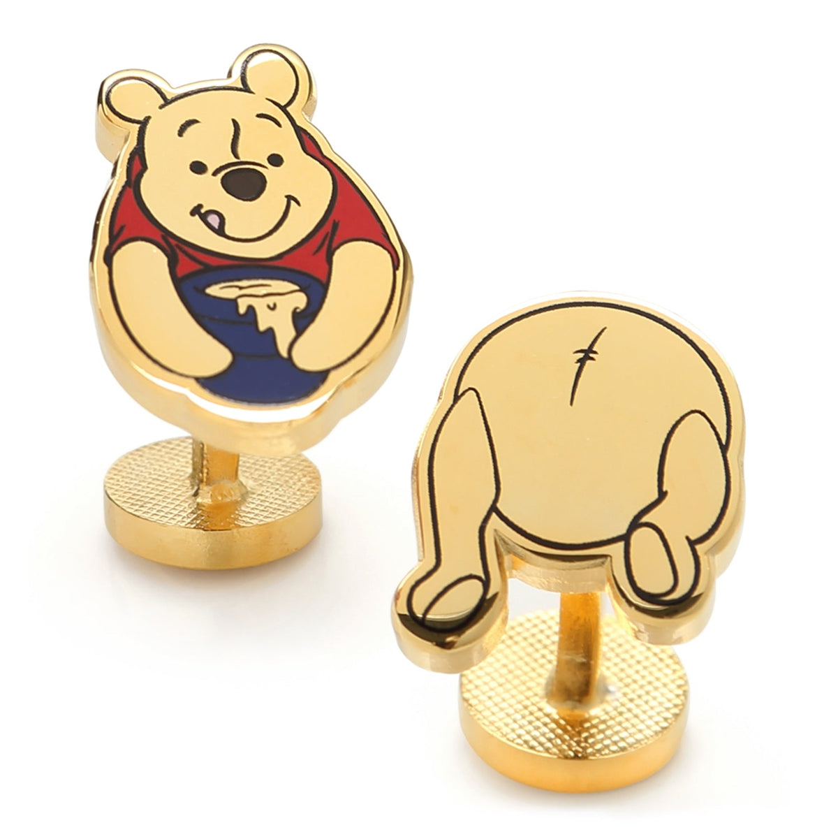 Winnie the Pooh themed cufflinks showing front character design and rear stamped hunny pot on gold tone finish