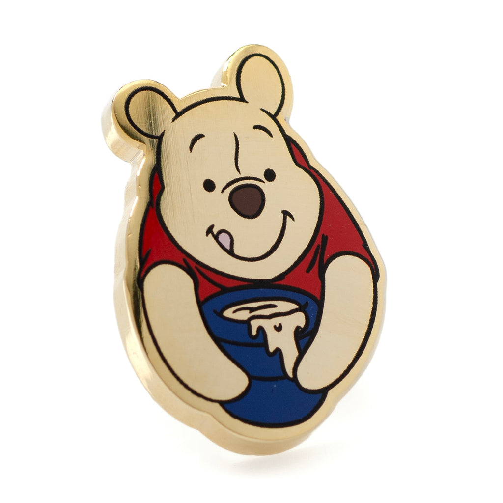 Disney Winnie the Pooh lapel pin in gold tone metal featuring Pooh bear holding a blue honey pot