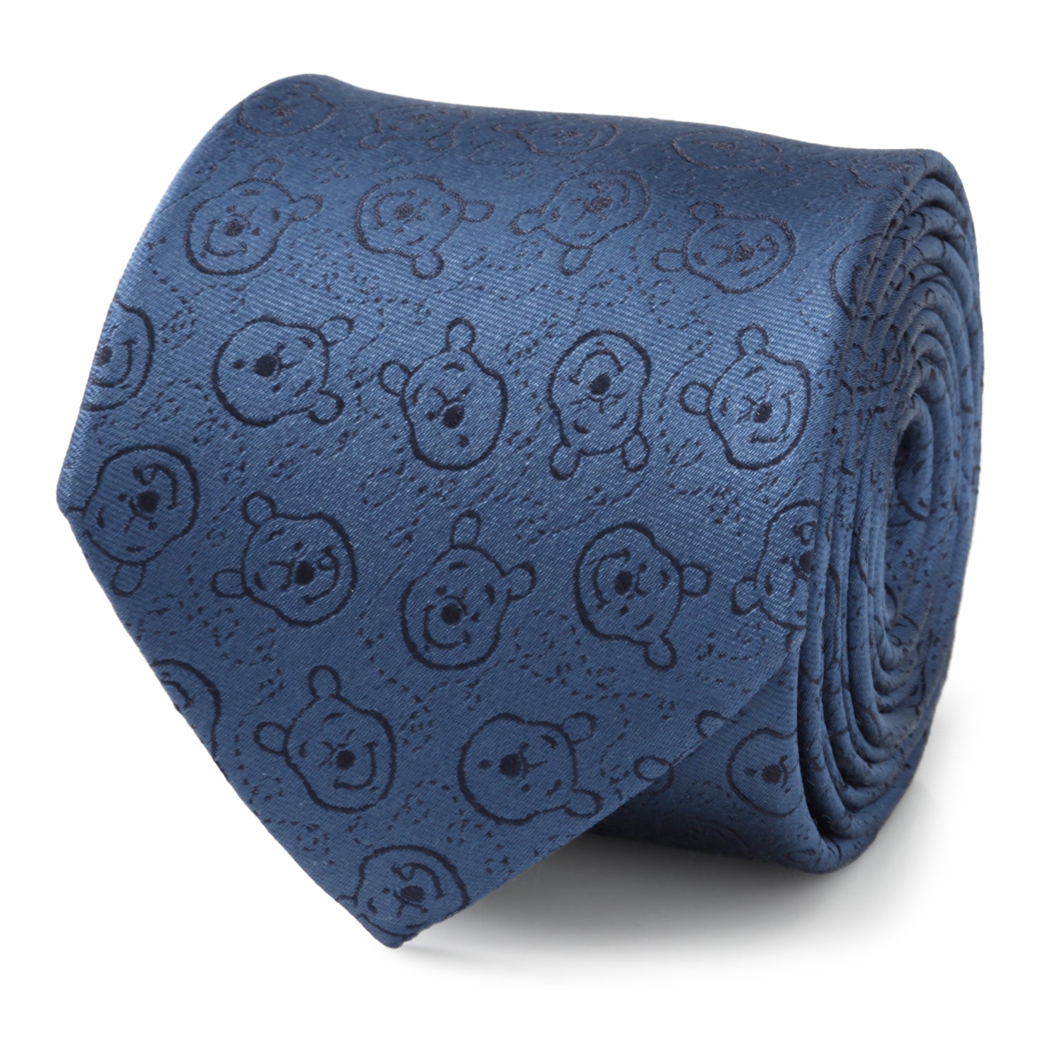 Close up of a blue Winnie the Pooh character print necktie with tonal stitching