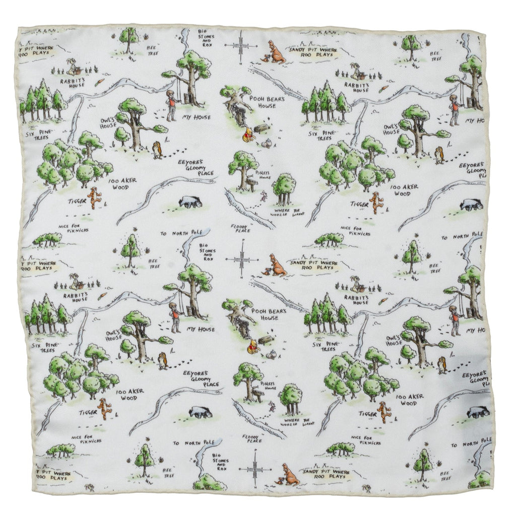 Winnie the Pooh Hundred Acre Wood map pocket square showing detailed landmarks