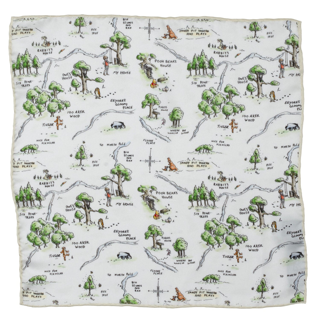 Winnie the Pooh Hundred Acre Wood map pocket square showing detailed landmarks