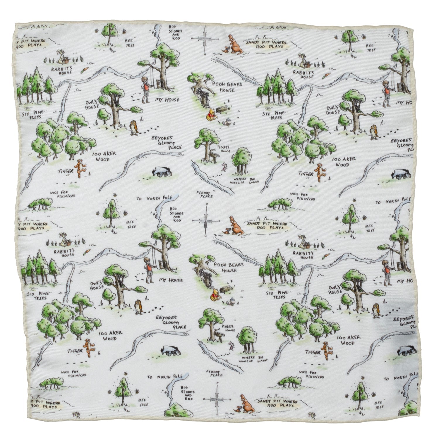 Winnie the Pooh Hundred Acre Wood map pocket square showing detailed landmarks