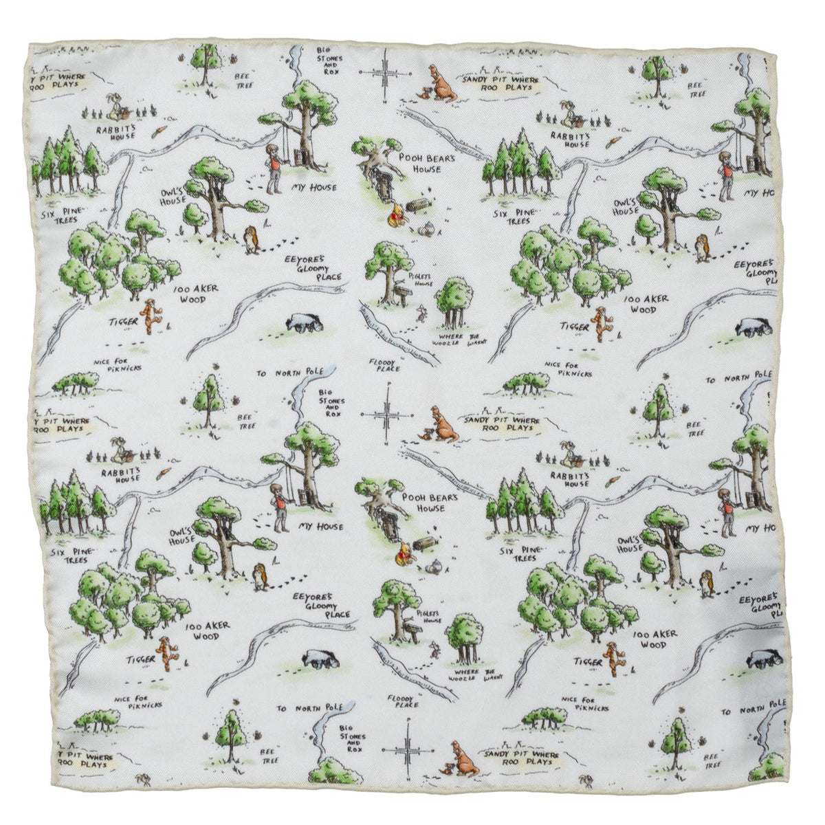Winnie the Pooh Hundred Acre Wood map pocket square showing detailed landmarks