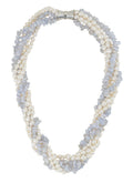 Five-strand necklace featuring blue agate stone chips and white freshwater pearls with a silver-tone magnetic clasp.