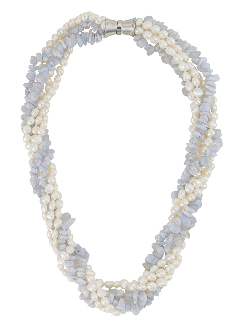 Five-strand necklace featuring blue agate stone chips and white freshwater pearls with a silver-tone magnetic clasp.