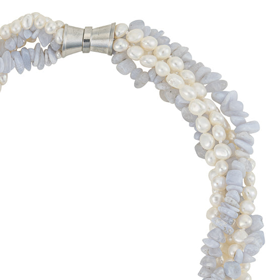 5 Strand Blue Agate and White Freshwater Pearl Statement Necklace - Image 2