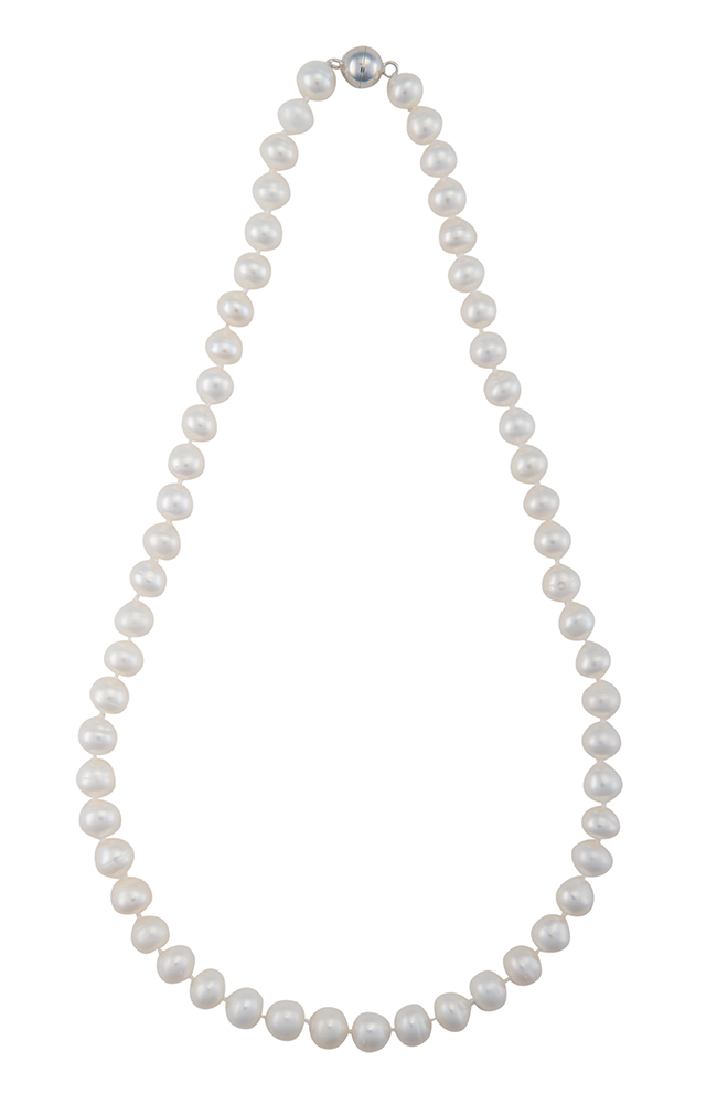 An 18-inch strand of freshwater cultured pearls featuring a magnetic clasp, presented on a white background.