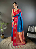 A beautiful red Banarasi soft silk saree with traditional butti pattern and unstitched blouse piece