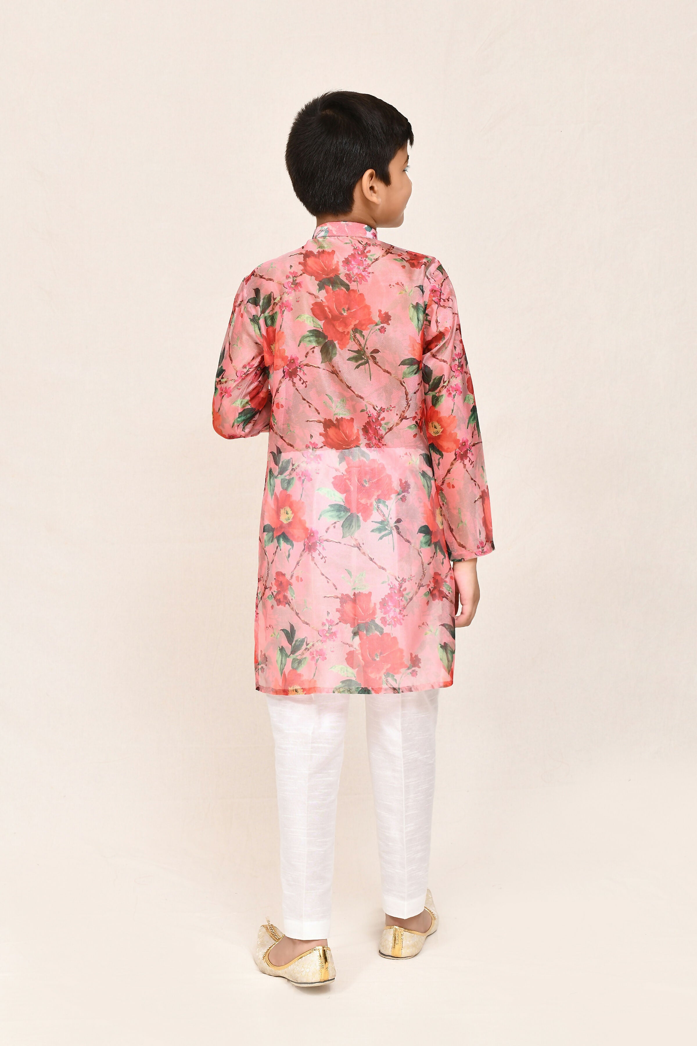 Peach Georgette Kurta Set with White Straight Fit Pants