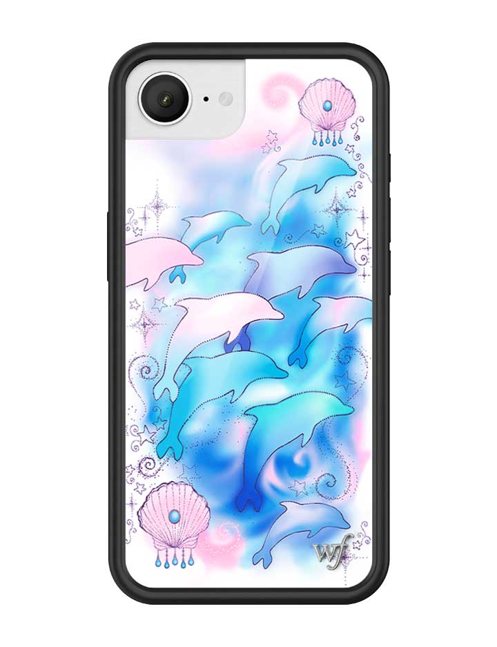 Dolphin Dreams iPhone case featuring pastel pink and blue dolphins with seashells and starbursts on a black frame.