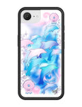 Dolphin Dreams iPhone case featuring pastel pink and blue dolphins with seashells and starbursts on a black frame.