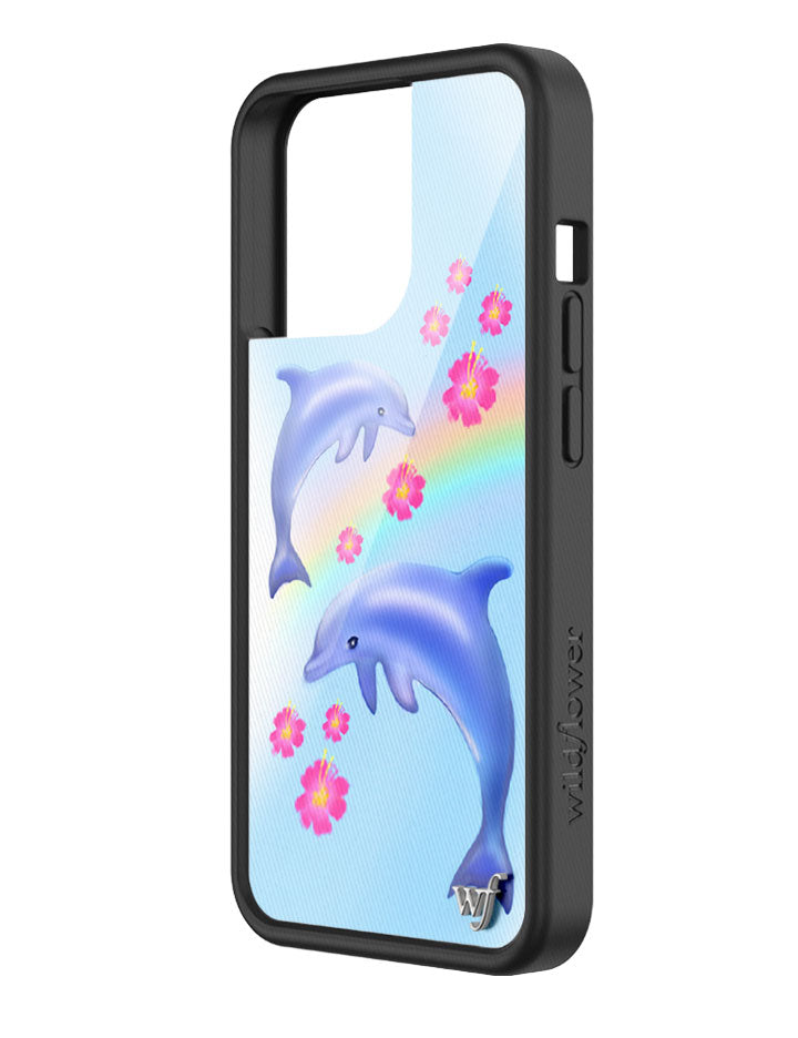 Dolphin Love iPhone Case with Tropical Floral and Rainbow Print