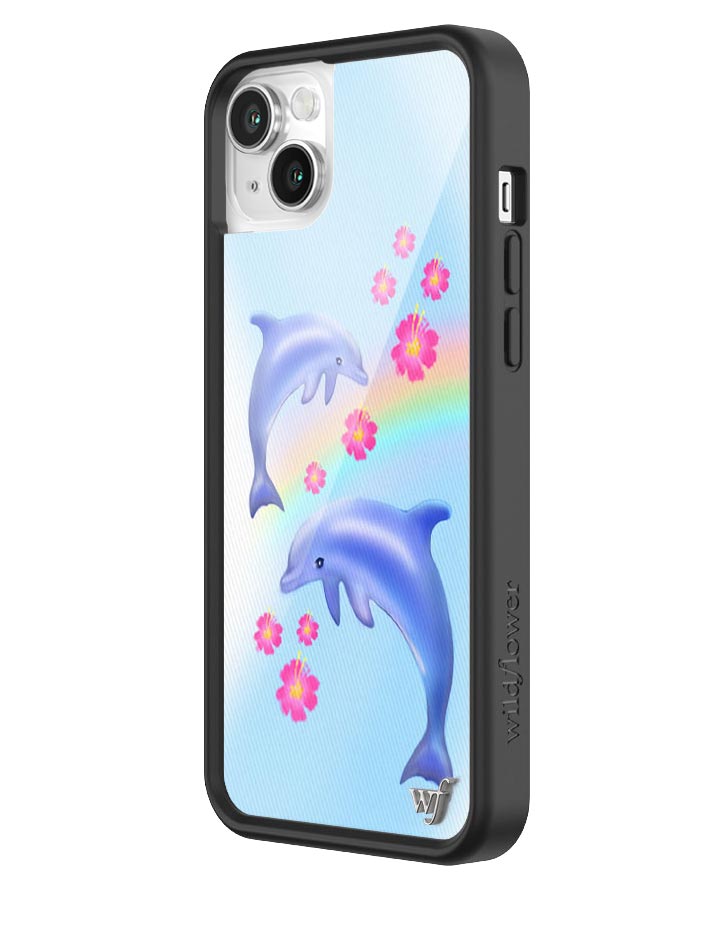 Dolphin Love iPhone Case with Tropical Floral and Rainbow Print