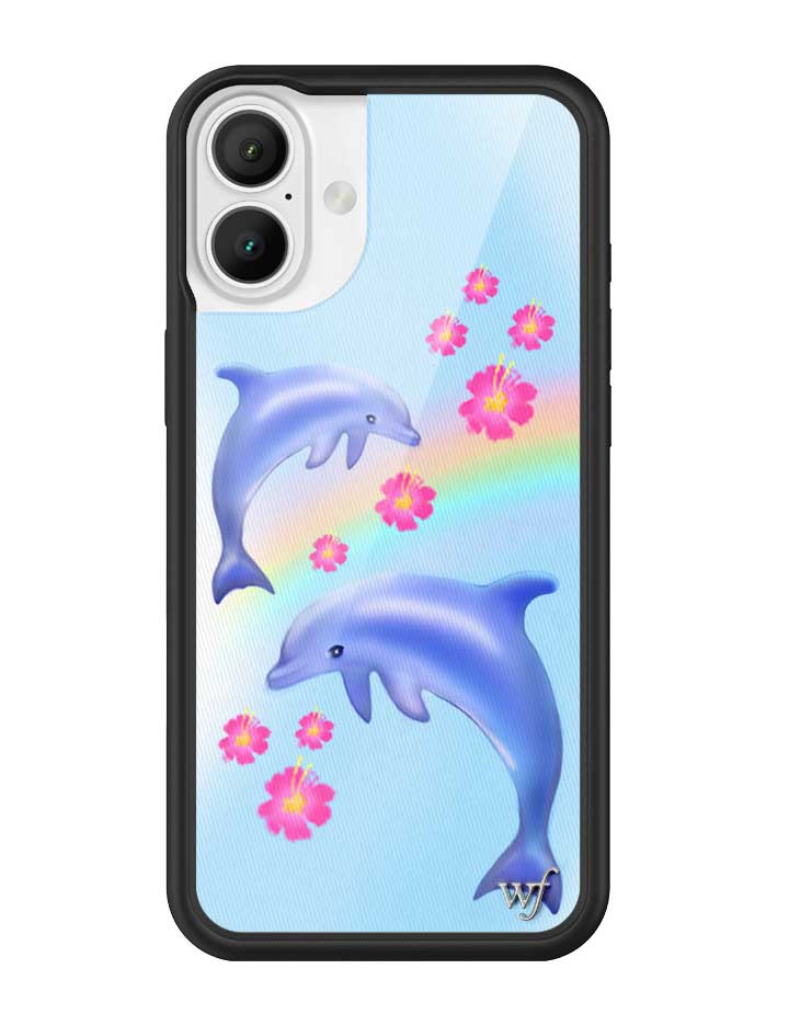 Dolphin Love iPhone Case with Tropical Floral and Rainbow Print