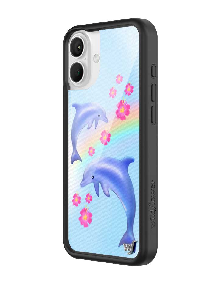 Dolphin Love iPhone Case with Tropical Floral and Rainbow Print