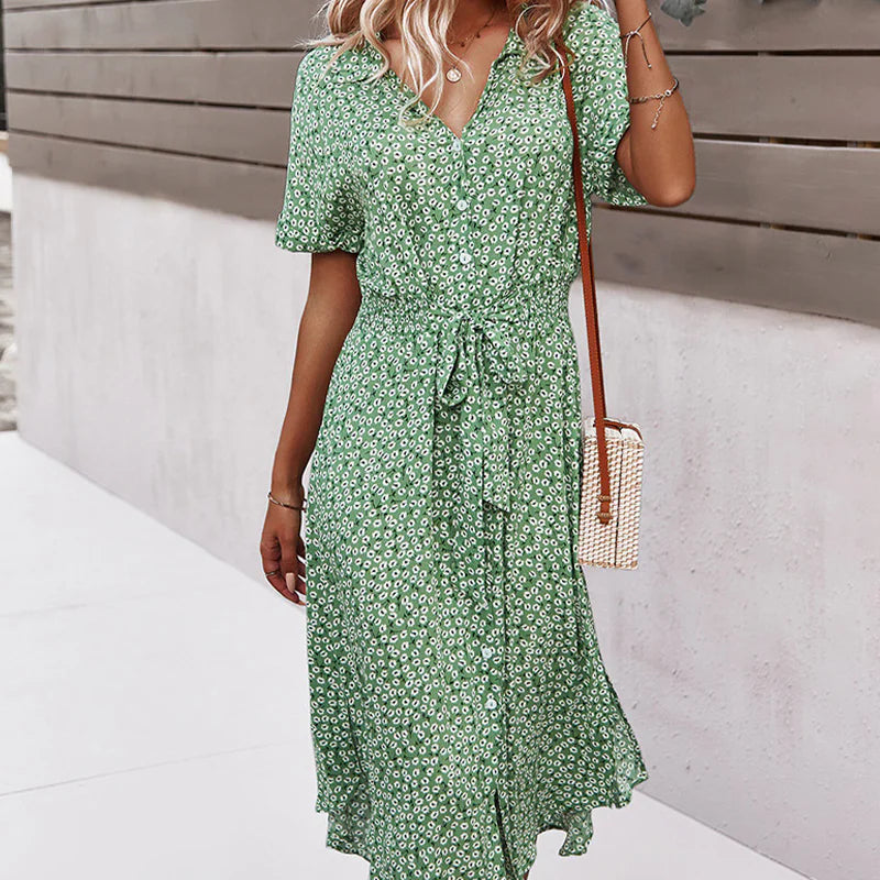 Women's Floral Midi Dress with V Neck and Tie Waist - Image 12