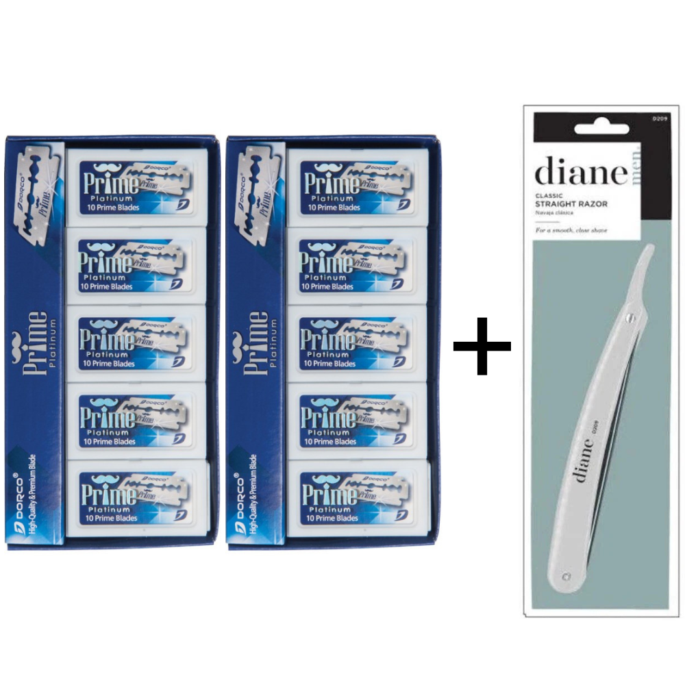 Dorco Prime blades bundle including two blades and one free Diane Razor for professional grooming.
