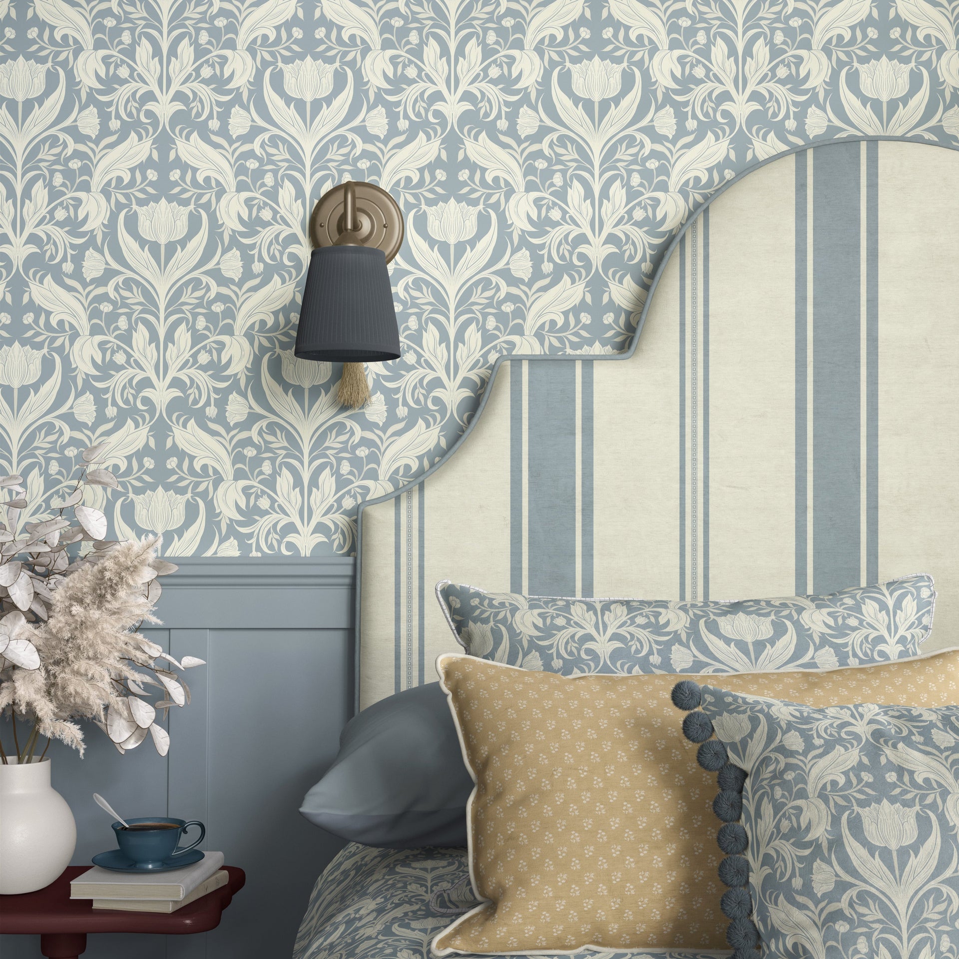Dorthea vintage-inspired floral wallpaper in blue, beige, and olive colors.