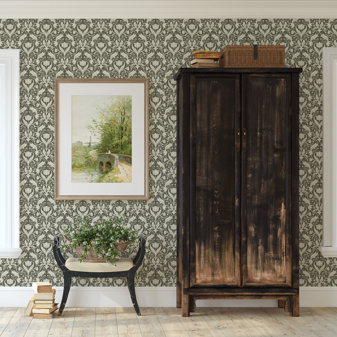 Dorthea Floral Removable Wallpaper in Blue, Beige, and Olive