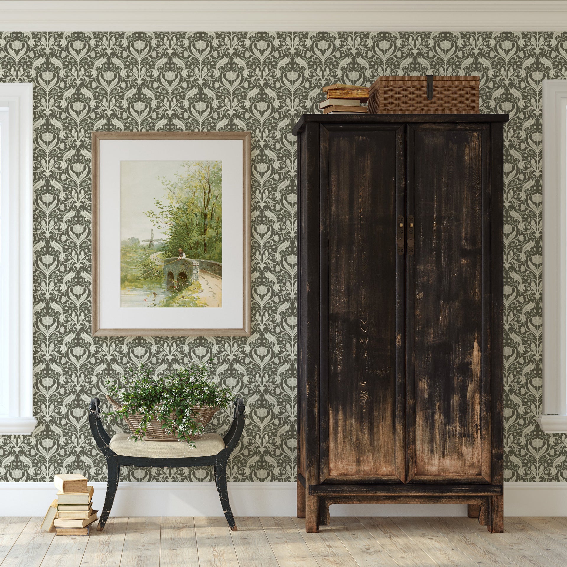 Dorthea Floral Removable Wallpaper in Blue, Beige, and Olive