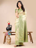 Cream and Light Green Banarasi silk saree with traditional weave details