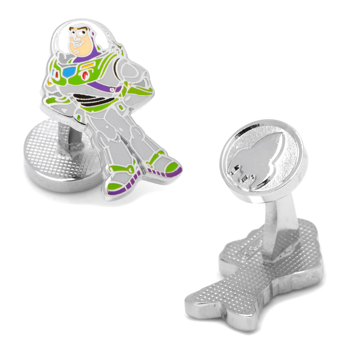 A pair of silver-tone cufflinks featuring Buzz Lightyear in his space ranger suit with green and purple enamel accents, shown with a rocket ship emblem on the backing.