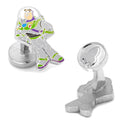 A pair of silver-tone cufflinks featuring Buzz Lightyear in his space ranger suit with green and purple enamel accents, shown with a rocket ship emblem on the backing.
