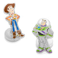 A pair of Disney Pixar Toy Story cufflinks featuring Woody and Buzz Lightyear with colorful enamel and a silver-tone finish.