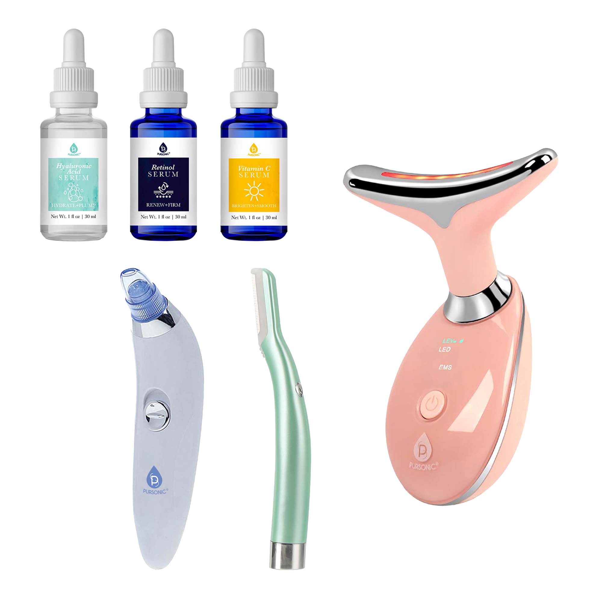 Pursonic Ultimate Glow Skincare Bundle – LED Therapy, Pore Vacuum, Anti-Aging Serums & More!