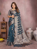 Teal Soft Organza Silk saree with detailed weaving patterns draped elegantly.
