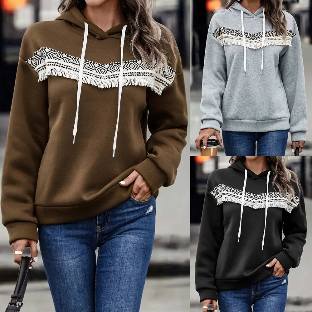 Women's Hooded Pullover Sweatshirt with Patterned Lace Trim - Image 6