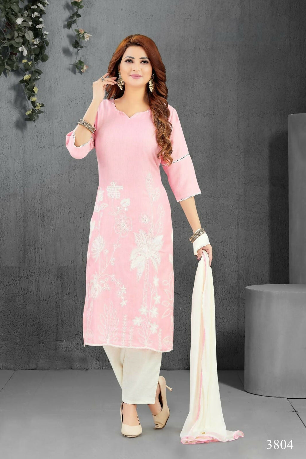 Pink Lilan Cotton Kurta Set with Cream Bottom and Dupatta