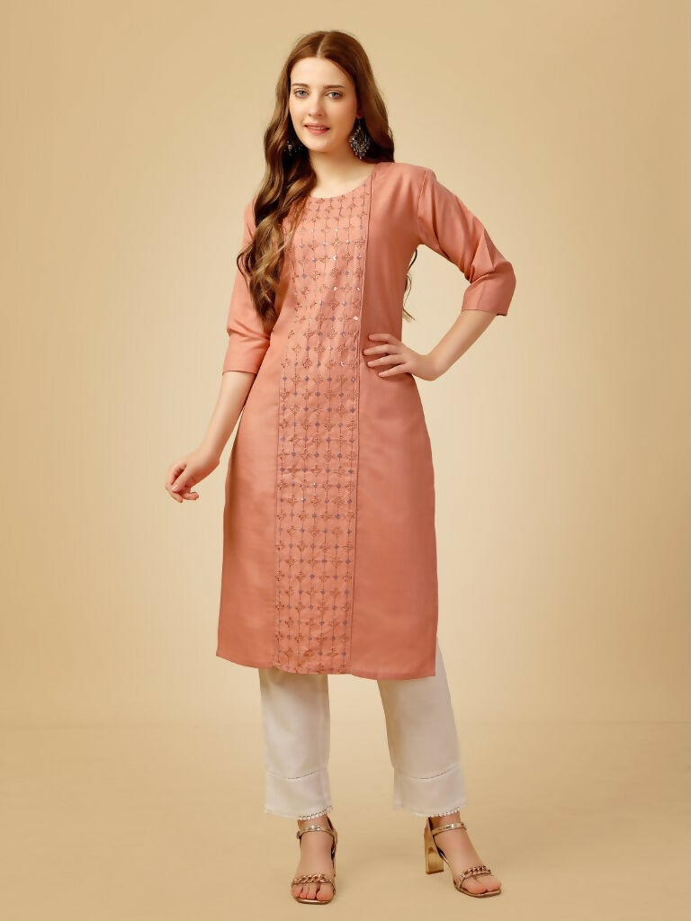 Women's Gajri Cotton Blend Embroidered Straight Kurta Pant Set