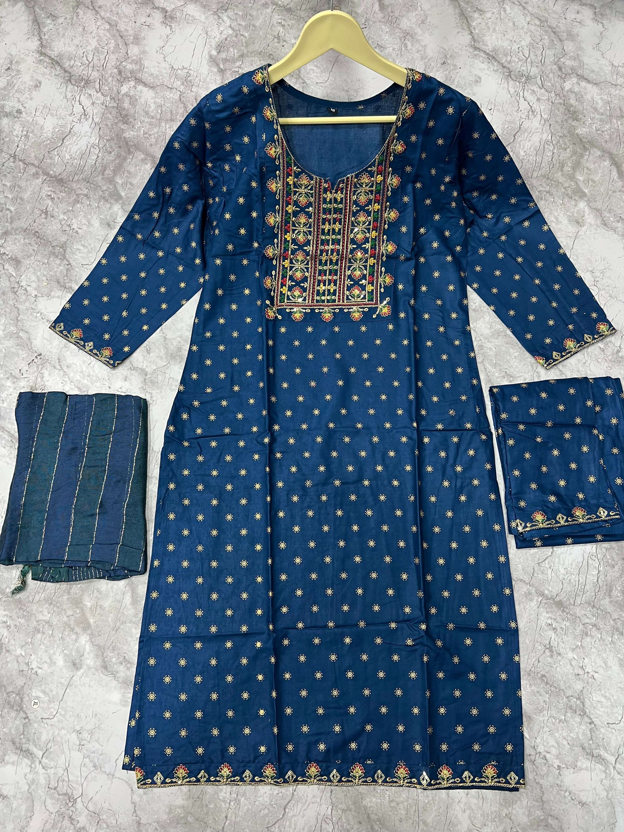 Women's Morpich 14KG Rayon Foil Print Straight Kurta Set with Embroidery