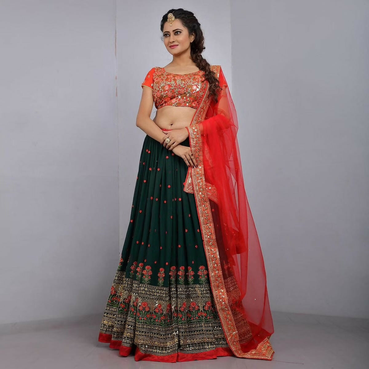 Red & Bottle Green Thread Embroidered Georgette Lehenga Choli