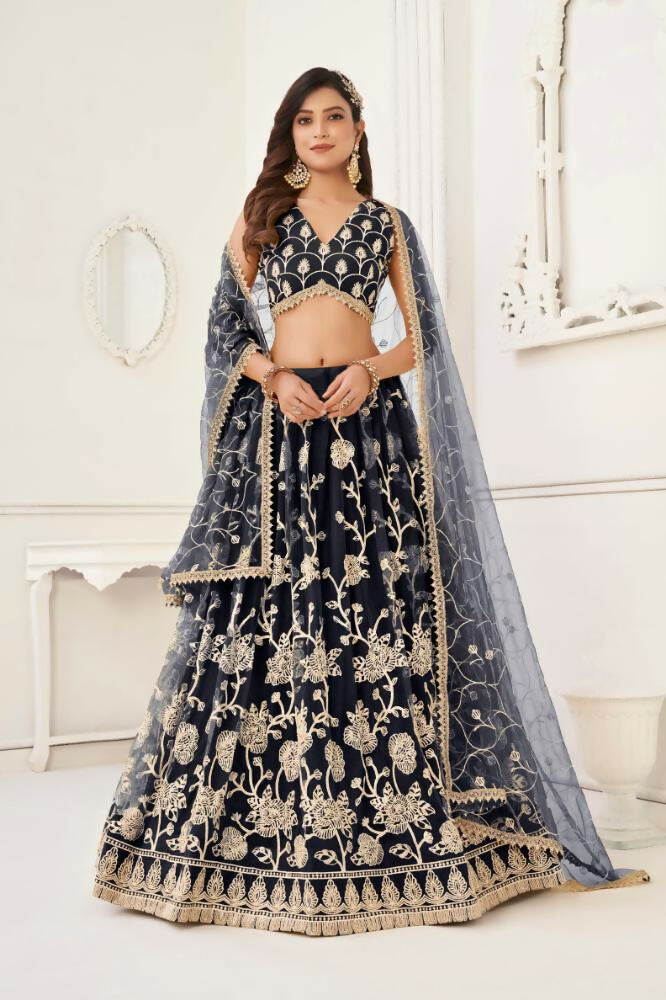 Black butterfly net lehenga choli with white cotton thread embroidery