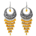 Oxidized silver-tone Chandbali earrings with yellow beaded Jhalar fringe drop design