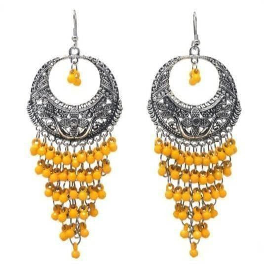 Oxidized silver-tone Chandbali earrings with yellow beaded Jhalar fringe drop design