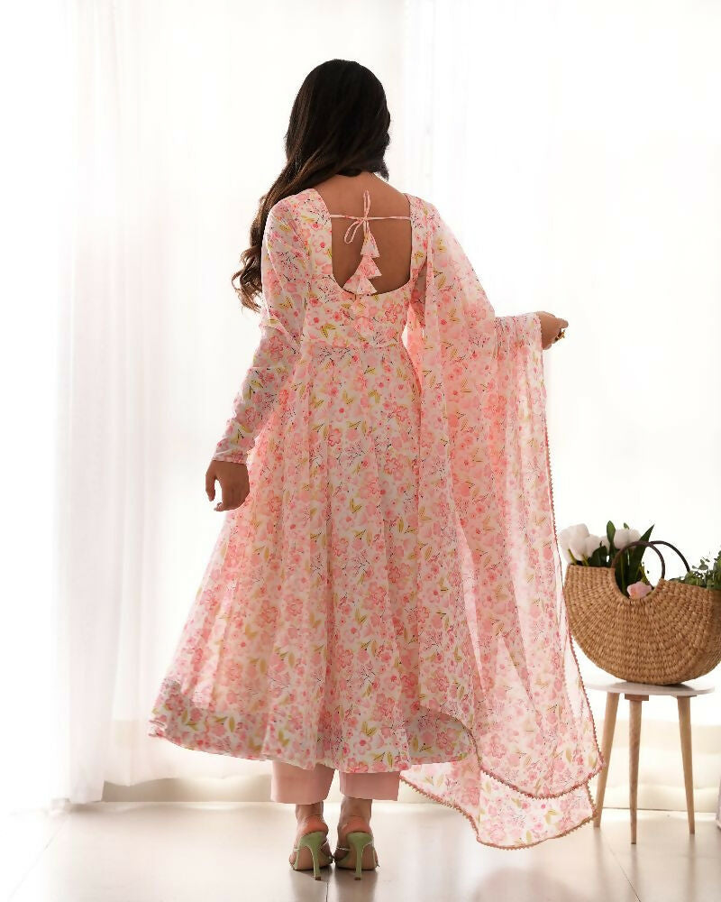 Peach Organza Kurta Set with Sequin Embroidery for Women